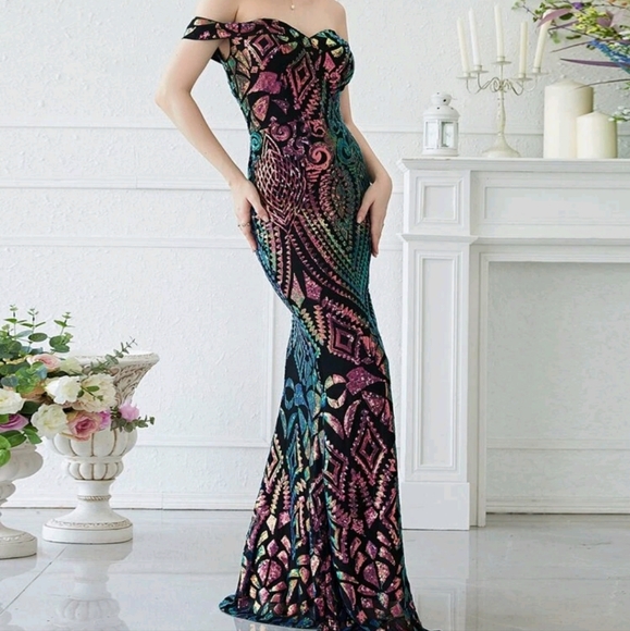 Off Shoulder Split Thigh Sequin Formal Evening Gown - Picture 5 of 13